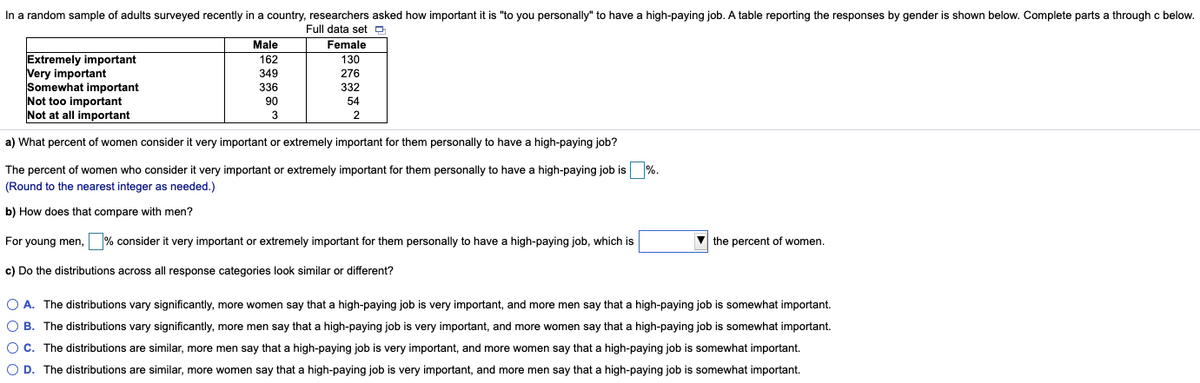 In a random sample of adults surveyed recently in a country, researchers asked how important it is "to you personally" to have a high-paying job. A table reporting the responses by gender is shown below. Complete parts a through c below.
Full data set O
Male
Female
Extremely important
Very important
Somewhat important
Not too important
Not at all important
162
130
349
276
336
332
90
3
54
2
a) What percent of women consider it very important or extremely important for them personally to have a high-paying job?
high-paying job is %.
The percent of women who consider it very important or extremely important for them personally to have
(Round to the nearest integer as needed.)
b) How does that compare with men?
For young men, % consider it very important or extremely important for them personally to have a high-paying job, which is
V the percent of women.
c) Do the distributions across all response categories look similar or different?
O A. The distributions vary significantly, more women say that a high-paying job is very important, and more men say that a high-paying job is somewhat important.
O B. The distributions vary significantly, more men say that a high-paying job is very important, and more women say that a high-paying job is somewhat important.
O C. The distributions are similar, more men say that a high-paying job is very important, and more women say that a high-paying job is somewhat important.
O D. The distributions are similar, more women say that a high-paying job is very important, and more men say that a high-paying job is somewhat important.
