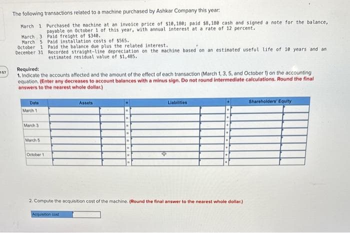 7.57
The following transactions related to a machine purchased by Ashkar Company this year:
March 1
March 3
March 5 Paid installation costs of $565.
October 1 Paid the balance due plus the related interest.
December 31 Recorded straight-line depreciation on the machine based on an estimated useful life of 10 years and an
estimated residual value of $1,485.
Required:
1. Indicate the accounts affected and the amount of the effect of each transaction (March 1, 3, 5, and October 1) on the accounting
equation. (Enter any decreases to account balances with a minus sign. Do not round intermediate calculations. Round the final
answers to the nearest whole dollar.)
Date
March 1
Purchased the machine at an invoice price of $10,180; paid $8,180 cash and signed a note for the balance,
payable on October 1 of this year, with annual interest at a rate of 12 percent.
Paid freight of $340.
March 3
March 5
October 1
Assets
Acquisition cost
Liabilities
2. Compute the acquisition cost of the machine. (Round the final answer to the nearest whole dollar.)
Shareholders' Equity