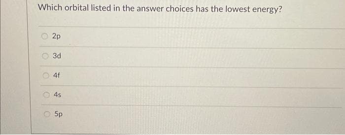 Which orbital listed in the answer choices has the lowest energy?
2p
3d
4f
4s
5p