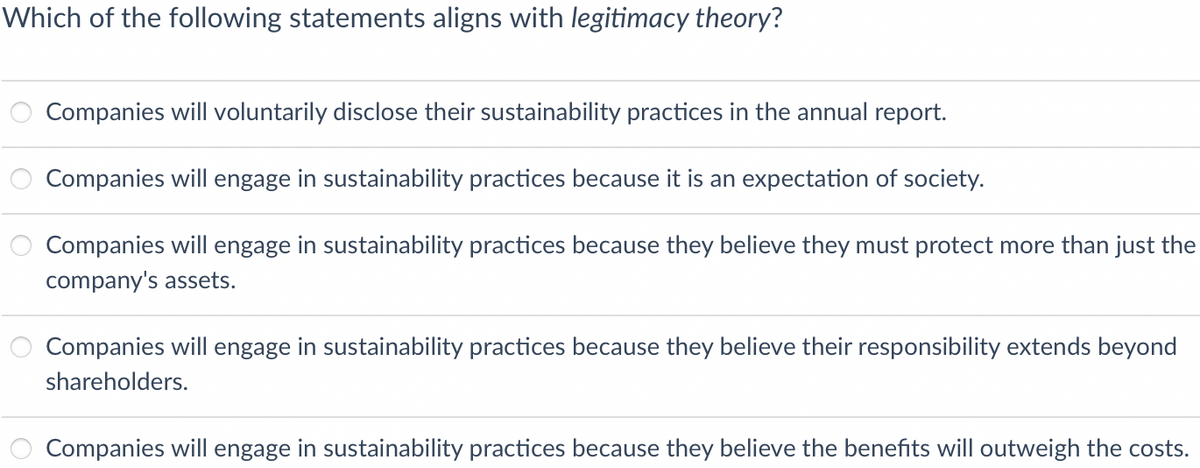Which of the following statements aligns with legitimacy theory?
Companies will voluntarily disclose their sustainability practices in the annual report.
Companies will engage in sustainability practices because it is an expectation of society.
Companies will engage in sustainability practices because they believe they must protect more than just the
company's assets.
Companies will engage in sustainability practices because they believe their responsibility extends beyond
shareholders.
Companies will engage in sustainability practices because they believe the benefits will outweigh the costs.