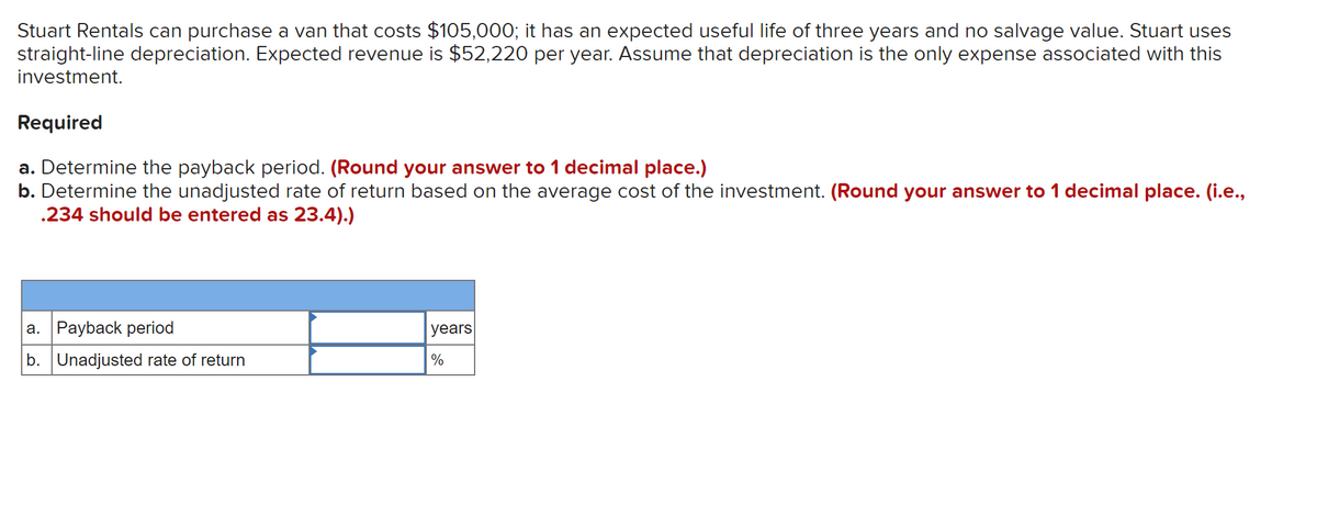 Stuart Rentals can purchase a van that costs $105,000; it has an expected useful life of three years and no salvage value. Stuart uses
straight-line depreciation. Expected revenue is $52,220 per year. Assume that depreciation is the only expense associated with this
investment.
Required
a. Determine the payback period. (Round your answer to 1 decimal place.)
b. Determine the unadjusted rate of return based on the average cost of the investment. (Round your answer to 1 decimal place. (i.e.,
.234 should be entered as 23.4).)
a. Payback period
years
b. Unadjusted rate of return
%
