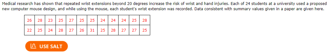 Medical research has shown that repeated wrist extensions beyond 20 degrees increase the risk of wrist and hand injuries. Each of 24 students at a university used a proposed
new computer mouse design, and while using the mouse, each student's wrist extension was recorded. Data consistent with summary values given in a paper are given here.
28 23 25 27 25
25 24
26
24
24
25
28
22 25 24 28 27
26
31
25
28
27
27 25
n USE SALT
