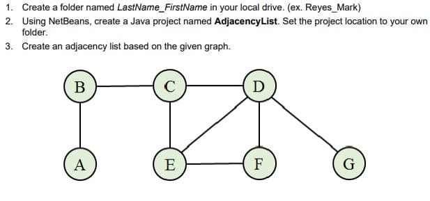 1. Create a folder named LastName_FirstName in your local drive. (ex. Reyes_Mark)
2. Using NetBeans, create a Java project named AdjacencyList. Set the project location to your own
folder.
3. Create an adjacency list based on the given graph.
В
D
А
E
F
G
