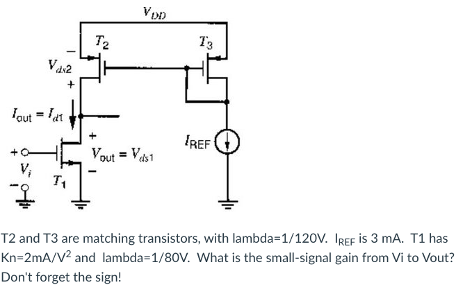 T2
T3
Va2
lout = lat
IREF
Vout = Vds1
V,
T1
T2 and T3 are matching transistors, with lambda=1/120V. IREF is 3 mA. T1 has
Kn=2mA/V² and lambda=1/80V. What is the small-signal gain from Vi to Vout?
Don't forget the sign!
