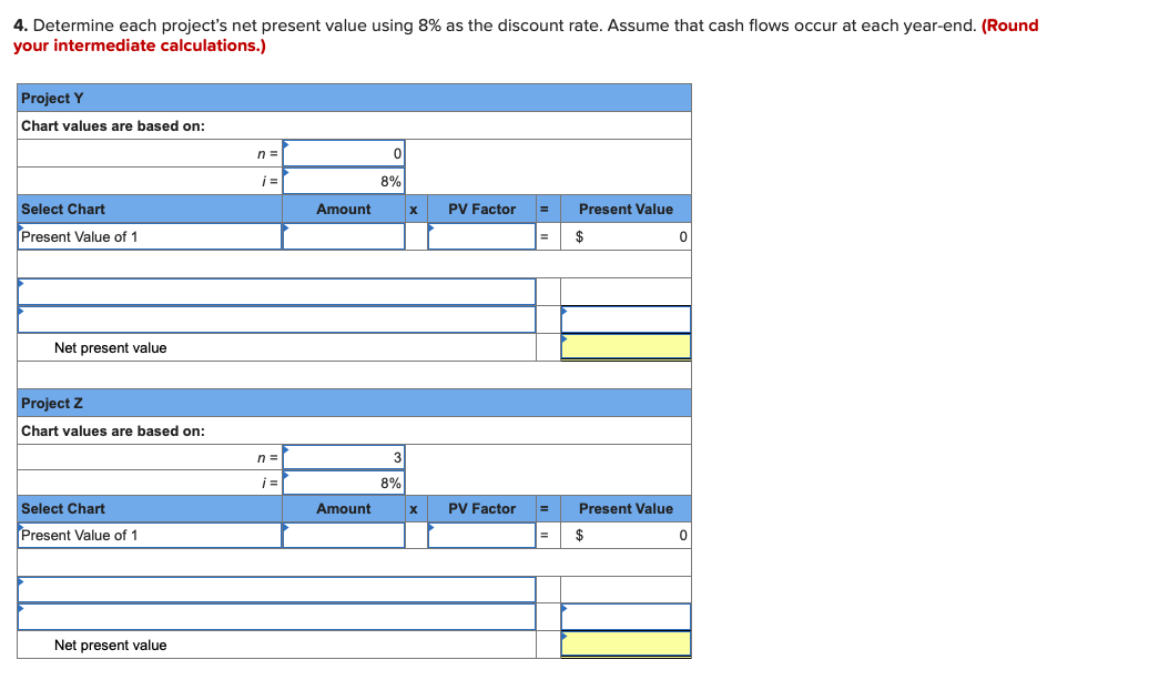 4. Determine each project's net present value using 8% as the discount rate. ASsume that cash flows occur at each year-end. (Round
your intermediate calculations.)
Project Y
Chart values are based on:
n =
i=
8%
Select Chart
Amount
PV Factor
Present Value
Present Value of 1
$
Net present value
Project Z
Chart values are based on:
n =
3
i =
8%
Select Chart
Amount
PV Factor
Present Value
Present Value of 1
$
Net present value
