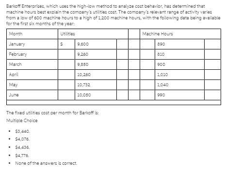 Barkoff Enterprises, which uses the high-low method to analyze cost behavior, has determined that
machine hours best explain the company's utilities cost. The company's relevant range of activity varies
from a low of 600 machine hours to a high of 1,200 machine hours, with the following data being available
for the first six months of the year:
Month
Utilities
Machine Hours
January
9,600
890
February
9,260
810
March
9,850
900
April
10,260
1,010
May
10,732
1,040
June
10,050
990
The fixed utilities cost per month for Barkoff is:
Multiple Choice
$3,440.
$4,076.
$4,436.
• $4,776.
None of the answers is correct
