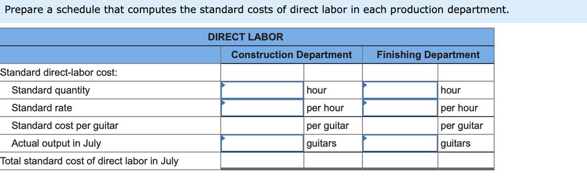 Prepare a schedule that computes the standard costs of direct labor in each production department.
Standard direct-labor cost:
Standard quantity
Standard rate
Standard cost per guitar
Actual output in July
Total standard cost of direct labor in July
DIRECT LABOR
Construction Department
hour
per hour
per guitar
guitars
Finishing Department
hour
per hour
per guitar
guitars