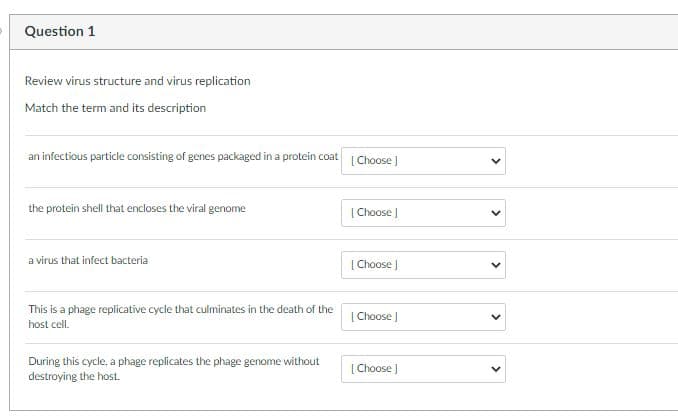 Question 1
Review virus structure and virus replication
Match the term and its description
an infectious particle consisting of genes packaged in a protein coat Choose ]
the protein shell that encloses the viral genome
| Choose
a virus that infect bacteria
[ Choose |
This is a phage replicative cycle that culminates in the death of the
[ Choose J
host cell.
During this cycle, a phage replicates the phage genome without
[ Choose |
destroying the host.
>
>
