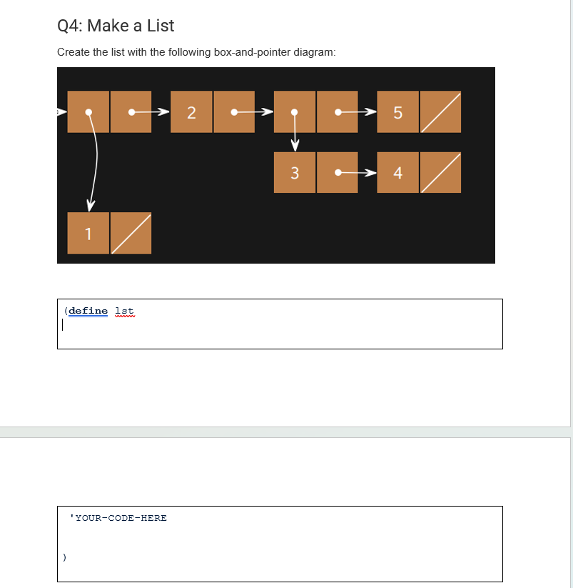 Q4: Make a List
Create the list with the following box-and-pointer diagram:
1
(define 1st
www
|
'YOUR-CODE-HERE
2
3
5
4