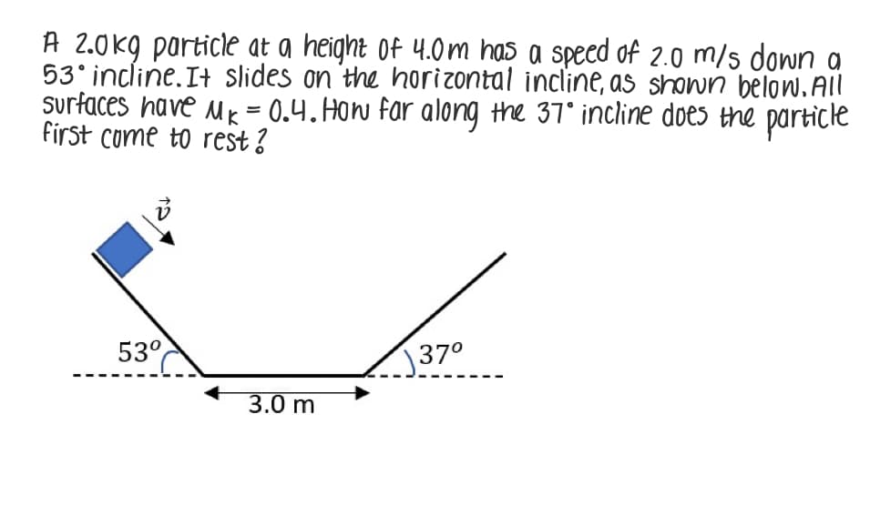 A 2.0k9 particle at a height of 4.0m has a speed of 2.0 m/s down a
53° incline.It slides on the horizontal incline, as shown below, All
surfaces have Mk = 0.4. How far along the 37° incline does the particle
first come to rest ?
53°
|37°
3.0 m
