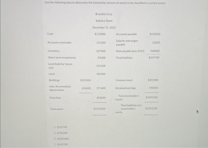 Use the following data to determine the total dollar amount of assets to be classified as current assets
Bramble Corp.
Balance Sheet
December 31, 2022
Cash
$129000
Accounts payable
$158500
Salaries and wages
Accounts receivable
121300
33200
payable
Inventory
207000
Note payable (due 2025)
268000
Short-term investments
85400
Total liabilities
$459700
Land (held for future
use)
255500
Land
282000
Buildings
Common stock
Less: Accumulated
depreciation
271400
Retained earnings
Franchise
203600
Total stockholders
equity.
Total liabilities and
stockholders
Total assets
$1555200
equity
O $335700
Ⓒ$798200
Ⓒ51001800
O $542700
$335000
(63600)
$355000
740500
$1095500
$1555200