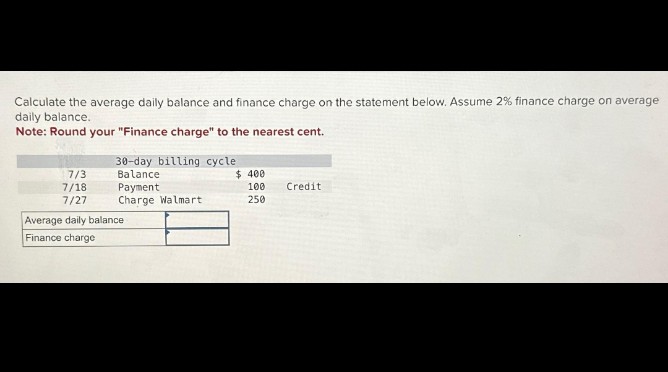 Calculate the average daily balance and finance charge on the statement below. Assume 2% finance charge on average
daily balance.
Note: Round your "Finance charge" to the nearest cent.
7/3
7/18
7/27
30-day billing cycle
Balance
Payment
Charge Walmart
Average daily balance
Finance charge
$ 400
100
250
Credit