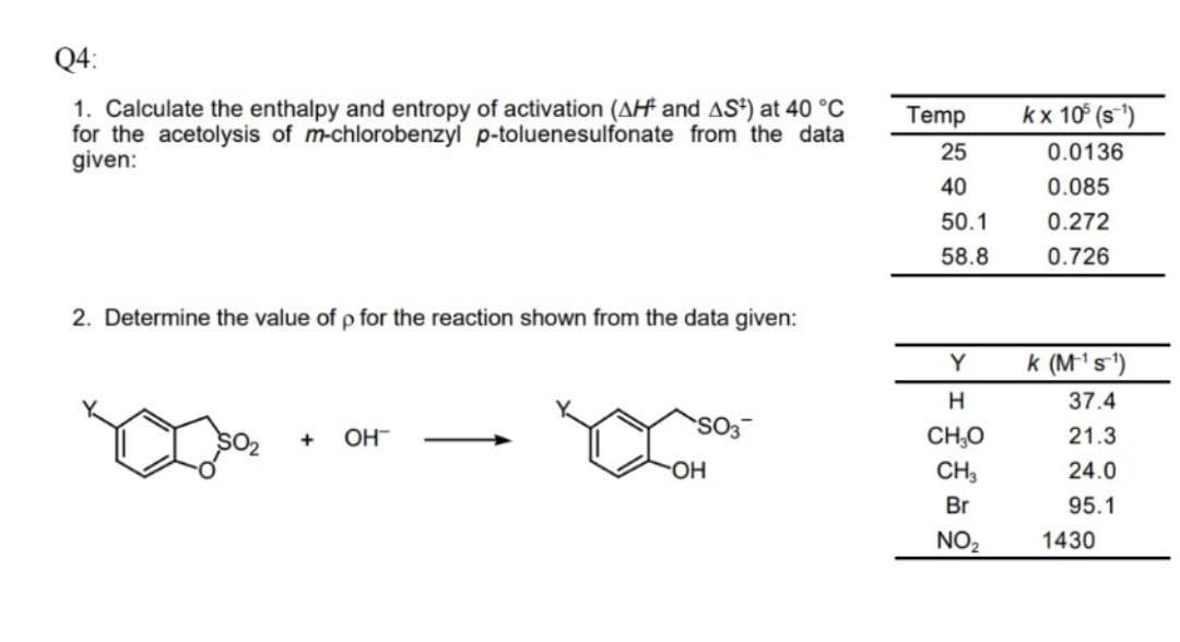 Q4:
1. Calculate the enthalpy and entropy of activation (AH and AS¹) at 40 °C
for the acetolysis of m-chlorobenzyl p-toluenesulfonate from the data
given:
2. Determine the value of p for the reaction shown from the data given:
+ OH™
SO3
OH
Temp
25
40
50.1
58.8
Y
H
CH₂O
CH3
Br
NO₂
kx 105 (s ¹)
0.0136
0.085
0.272
0.726
k (M¹s¹)
37.4
21.3
24.0
95.1
1430