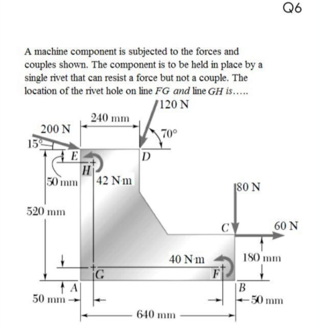 Q6
A machine component is subjected to the forces and
couples shown. The component is to be held in place by a
single rivet that can resist a force but not a couple. The
location of the rivet hole on line FG and line GH is...
120 N
240 mm
200 N
70°
15
H
50 mm
42 Nm
180 N
520 mm
C
60 N
180 mm
F
|B
-50 mm
40 Nm
iG
A
50 mm
640 mm
