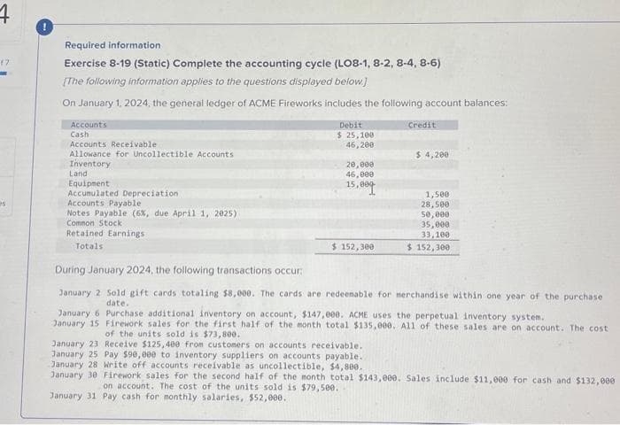 (7)
es
!
Required information
Exercise 8-19 (Static) Complete the accounting cycle (LO8-1, 8-2, 8-4, 8-6)
[The following information applies to the questions displayed below.]
On January 1, 2024, the general ledger of ACME Fireworks includes the following account balances:
Accounts
Cash
Accounts Receivable
Allowance for Uncollectible Accounts
Inventory
Land
Equipment
Accumulated Depreciation
Accounts Payable
Notes Payable (6%, due April 1, 2025)
Common Stock
Retained Earnings
Totals
Debit
$ 25,100
46,200
20,000
46,000
15,000
$ 152,300
Credit
$ 4,200
1,500
28,500
50,000
35,000
33,100
$152,300
During January 2024, the following transactions occur
January 2 Sold gift cards totaling $8,000. The cards are redeemable for merchandise within one year of the purchase
date..
January 6 Purchase additional inventory on account, $147,000. ACME uses the perpetual inventory system.
January 15 Firework sales for the first half of the month total $135,000. All of these sales are on account. The cost
of the units sold is $73,800.
January 23 Receive $125,400 from customers on accounts receivable.
January 25 Pay $90,000 to inventory suppliers on accounts payable..
January 28 Write off accounts receivable as uncollectible, $4,800.
January 30 Firework sales for the second half of the month total $143,000. Sales include $11,000 for cash and $132,000
on account. The cost of the units sold is $79,500.
January 31 Pay cash for monthly salaries, $52,000.