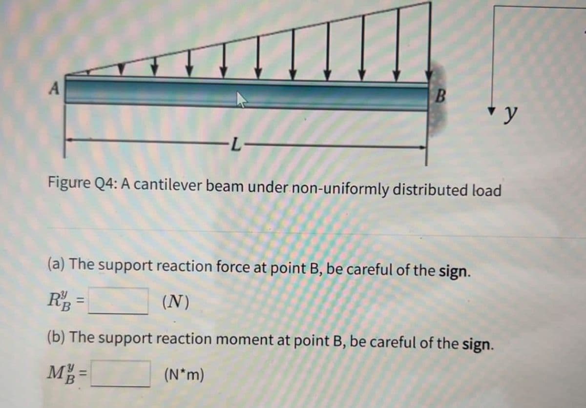 A
y
Figure Q4: A cantilever beam under non-uniformly distributed load
(a) The support reaction force at point B, be careful of the sign.
RB
(N)
%3D
(b) The support reaction moment at point B, be careful of the sign.
M =
(N*m)
%3D
