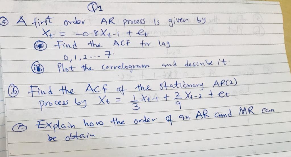 Q₁
AR process is given by
---0-8X²+²-1+es sell
ACF for lag
ⒸA first order
Xt
-
Find the
ㅋ..
0,1,2---
Plot the correlogram
1 2
i
and describe it.
+48.0
3 Find the ACF of the stationary AR(2)
-
Process бу Хе
1 X+ 4 + ² X₁-2 tet
3
។
Explain how the order of an AR and MR can
be obtain