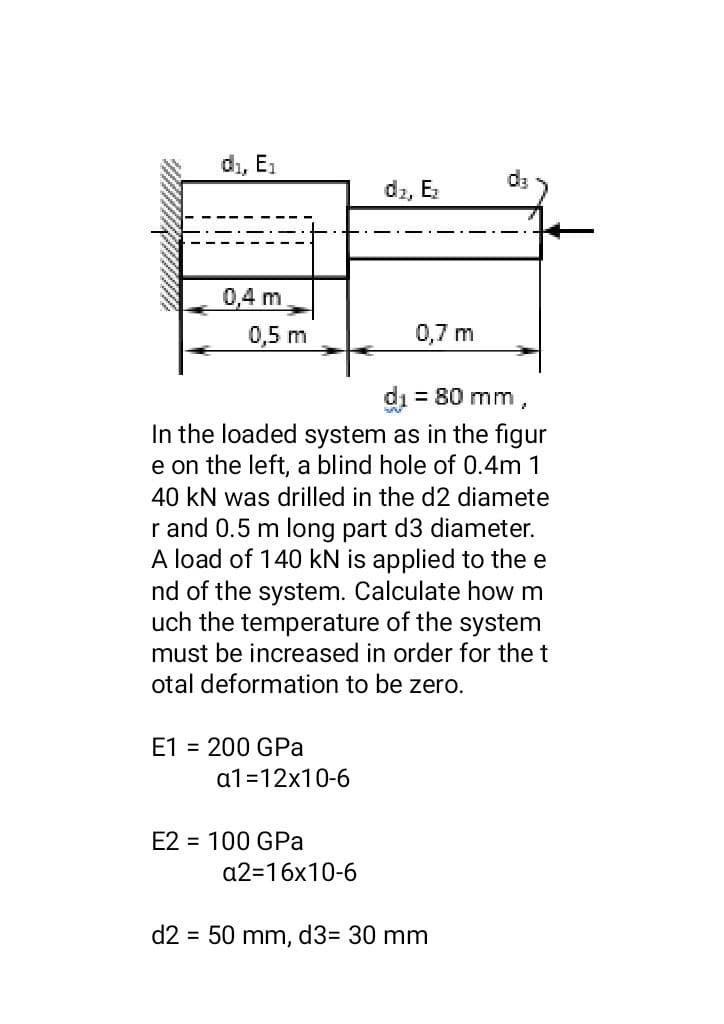 di, E1
dz, Ez
0,4 m
0,5 m
0,7 m
di = 80 mm ,
In the loaded system as in the figur
e on the left, a blind hole of 0.4m 1
40 kN was drilled in the d2 diamete
r and 0.5 m long part d3 diameter.
A load of 140 kN is applied to the e
nd of the system. Calculate how m
uch the temperature of the system
must be increased in order for the t
otal deformation to be zero.
E1 = 200 GPa
a1=12x10-6
E2 = 100 GPa
a2=16x10-6
d2 = 50 mm, d3= 30 mm
