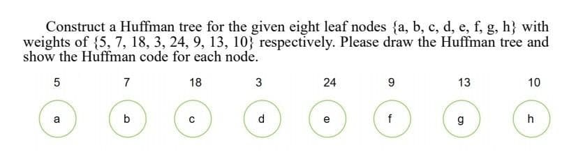 Construct a Huffman tree for the given eight leaf nodes {a, b, c, d, e, f, g, h} with
weights of 5, 7, 18, 3, 24, 9, 13, 10} respectively. Please draw the Huffman tree and
show the Huffman code for each node.
5
18
a
7
b
3
P
24
D
9
f
13
g
10
h