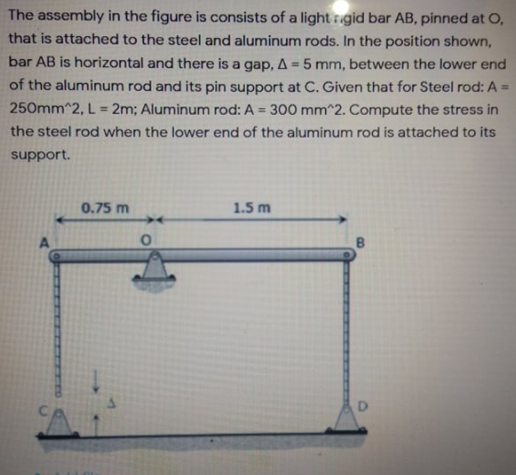 The assembly in the figure is consists of a lightrigid bar AB, pinned at O,
that is attached to the steel and aluminum rods. In the position shown,
bar AB is horizontal and there is a gap, A = 5 mm, between the lower end
%3!
of the aluminum rod and its pin support at C. Given that for Steel rod: A =
250mm^2, L = 2m; Aluminum rod: A = 300 mm^2. Compute the stress in
the steel rod when the lower end of the aluminum rod is attached to its
%3D
support.
0.75 m
1.5 m
