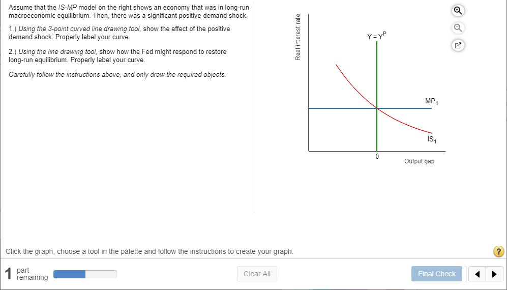 Assume that the IS-MP model on the right shows an economy that was in long-run
macroeconomic equilibrium. Then, there was a significant positive demand shock.
1.) Using the 3-point curved line drawing tool, show the effect of the positive
demand shock. Properly label your curve.
2.) Using the line drawing tool, show how the Fed might respond to restore
long-run equilibrium. Properly label your curve.
Carefully follow the instructions above, and only draw the required objects.
Click the graph, choose a tool in the palette and follow the instructions to create your graph.
part
remaining
Clear All
Real interest rate
Y=yP
0
MP₁
IS₁
Output gap
Final Check
◄
?
▶