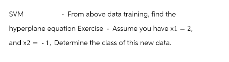 SVM
- From above data training, find the
hyperplane equation Exercise - Assume you have x1 = 2,
and x2=1, Determine the class of this new data.