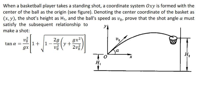 When a basketball player takes a standing shot, a coordinate system Oxy is formed with the
center of the ball as the origin (see figure). Denoting the center coordinate of the basket as
(x, y), the shot's height as H₁, and the ball's speed as vo, prove that the shot angle a must
satisfy the subsequent relationship to
make a shot:
tan α =
v²
gx
1 + 1
- (+2)
2g
v²
y
то
H₁
H₂