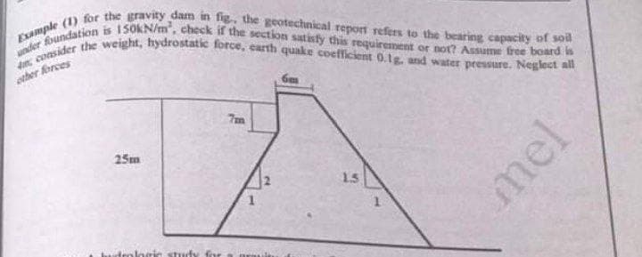 under foundation is 150KN/m', check if the section satisfy this requirement or not? Assume free board is
Example (1) for the gravity dam in fig, the geotechnical report refers to the bearing capacity of soil
Am consider the weight, hydrostatic force, earth quake coefficient 0.1g. and water pressure. Neglect all
other forces
25m
7m
slogic study for Brau
6m
1.5
mel