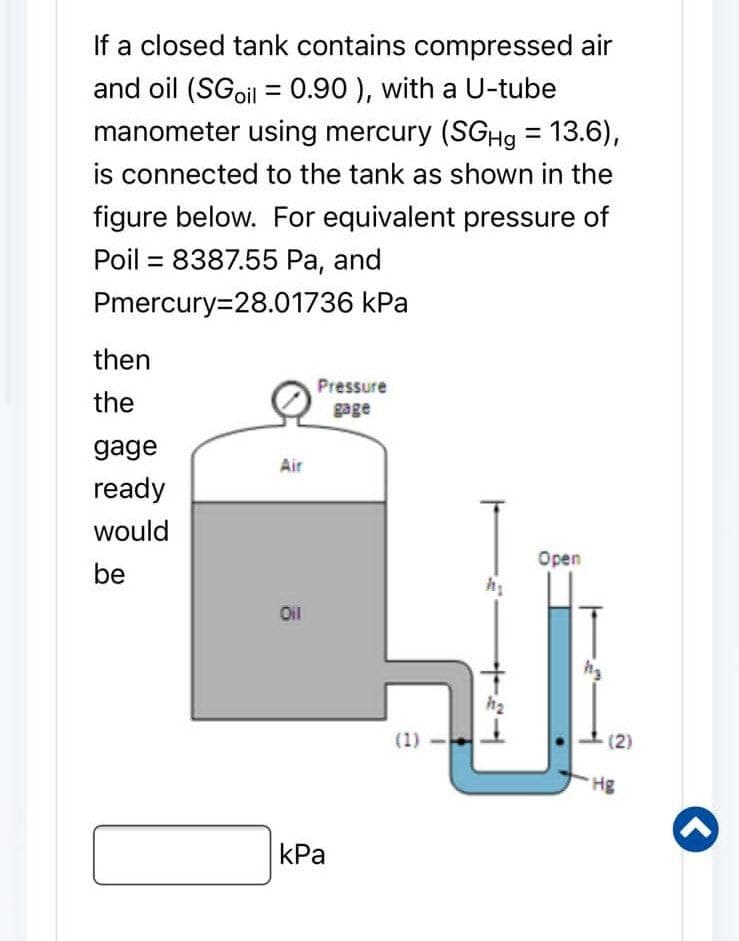 If a closed tank contains compressed air
and oil (SGoil = 0.90), with a U-tube
manometer using mercury (SGHg = 13.6),
is connected to the tank as shown in the
figure below. For equivalent pressure of
Poil = 8387.55 Pa, and
Pmercury=28.01736 kPa
then
the
gage
ready
would
be
Air
Oil
Pressure
gage
kPa
(1)
h₂
h₂
Open
11₂
(2)
Hg
3