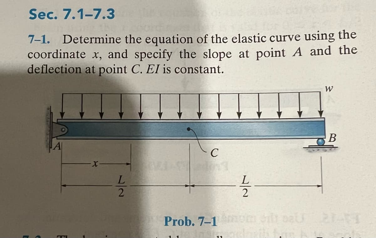Sec. 7.1-7.3
7-1. Determine the equation of the elastic curve using the
coordinate x, and specify the slope at point A and the
deflection at point C. EI is constant.
·X·
L
2
C
L
2
W
B
Prob. 7-1 mom dilt sau 21
sela
2006