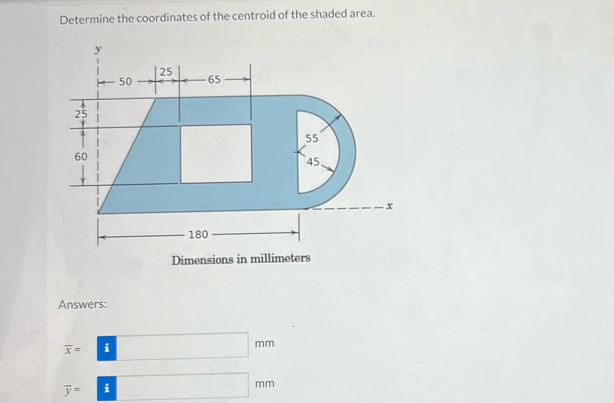 Determine the coordinates of the centroid of the shaded area.
25
60
Answers:
x =
y
1
1
y=
i
i
50
25
180
65
mm
55
Dimensions in millimeters
mm
45.