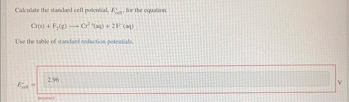 Calculate the standard cell potential, Ecell for the equation
Cr(s) + F₂(g) → Cr² (aq) + 2F (aq)
Use the table of standard reduction potentials.
Ecell
2.96
Incorrect