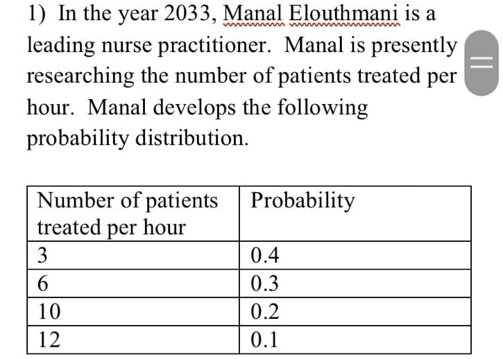 1) In the year 2033, Manal Elouthmani is a
leading nurse practitioner. Manal is presently
researching the number of patients treated per
hour. Manal develops the following
probability distribution.
Number of patients
treated per hour
3
6
10
12
Probability
0.4
0.3
0.2
0.1