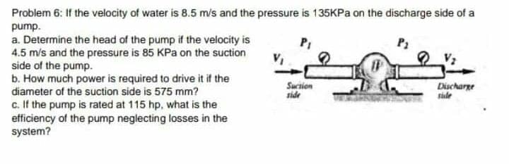 Problem 6: If the velocity of water is 8.5 m/s and the pressure is 135KPA on the discharge side of a
pump.
a. Determine the head of the pump if the velocity is
4.5 m/s and the pressure is 85 KPa on the suction
side of the pump.
b. How much power is required to drive it if the
diameter of the suction side is 575 mm?
c.If the pump is rated at 115 hp, what is the
efficiency of the pump neglecting losses in the
system?
Suction
side
Discharge
side
