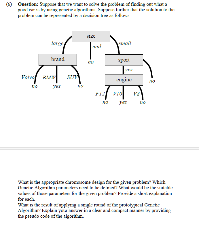 (6) Question: Suppose that we want to solve the problem of finding out what a
good car is by using genetic algorithms. Suppose further that the solution to the
problem can be represented by a decision tree as follows:
Volvo
no
size
large
small
mid
brand
sport
no
yes
BMW
yes
SUV
по
engine
=12V10|
V8
no
yes
по
по
What is the appropriate chromosome design for the given problem? Which
Genetic Algorithm parameters need to be defined? What would be the suitable
values of those parameters for the given problem? Provide a short explanation
for each.
What is the result of applying a single round of the prototypical Genetic
Algorithm? Explain your answer in a clear and compact manner by providing
the pseudo code of the algorithm.