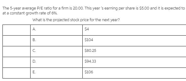 The 5-year average P/E ratio for a firm is 20.00. This year 's earning per share is $5.00 and it is expected to
at a constant growth rate of 6%.
What is the projected stock price for the next year?
А.
S4
В.
$104
C.
S80.25
D.
$94.33
E.
$106
