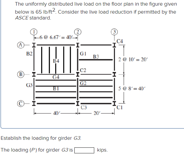 The uniformly distributed live load on the floor plan in the figure given
below is 65 lb/ft². Consider the live load reduction if permitted by the
ASCE standard.
A
(B)
B2
G3
-6 @ 6.67' = 40-
I
B4
G4
B1
40'
G1
C2
G2
C3
Establish the loading for girder G3.
The loading (P) for girder G3 is [
B3
20'
kips.
(3)
2 @ 10' = 20'
I+
5 @ 8'=40'