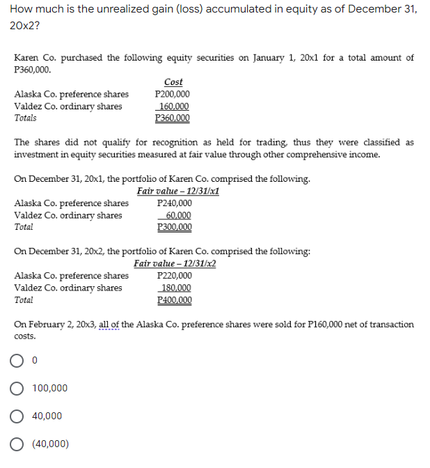 How much is the unrealized gain (loss) accumulated in equity as of December 31,
20x2?
Karen Co. purchased the following equity securities on January 1, 20x1 for a total amount of
P360,000.
Cost
Alaska Co. preference shares
P200,000
160,000
Valdez Co. ordinary shares
Totals
P360,000
The shares did not qualify for recognition as held for trading, thus they were classified as
investment in equity securities measured at fair value through other comprehensive income.
On December 31, 20x1, the portfolio of Karen Co. comprised the following.
Fair value - 12/31/x1
Alaska Co. preference shares
P240,000
60,000
Valdez Co. ordinary shares
Total
P300,000
On December 31, 20x2, the portfolio of Karen Co. comprised the following:
Fair value - 12/31/x2
Alaska Co. preference shares
P220,000
180,000
Valdez Co. ordinary shares
Total
P400,000
On February 2, 20x3, all of the Alaska Co. preference shares were sold for P160,000 net of transaction
costs.
0
100,000
40,000
O (40,000)