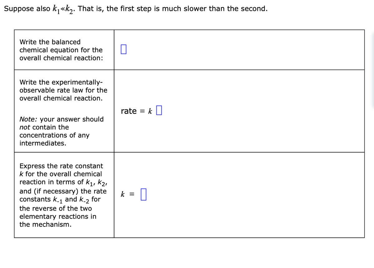 Suppose also k₁<<k₂. That is, the first step is much slower than the second.
Write the balanced
chemical equation for the
overall chemical reaction:
Write the experimentally-
observable rate law for the
overall chemical reaction.
Note: your answer should
not contain the
concentrations of any
intermediates.
Express the rate constant
k for the overall chemical
reaction in terms of k₁, K₂,
and (if necessary) the rate
constants k_₁ and K-2 for
the reverse of the two
elementary reactions in
the mechanism.
1
0
rate = k
k = 0