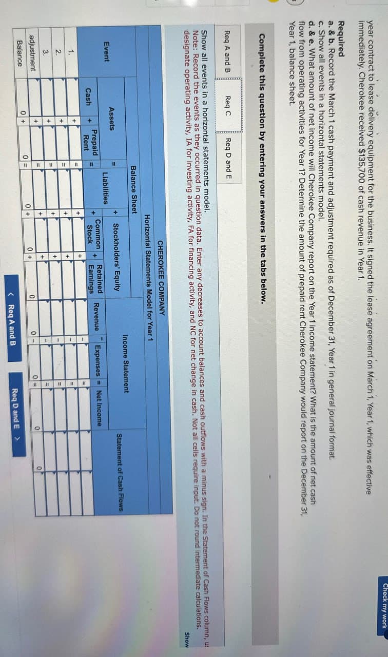 year contract to lease delivery equipment for the business. It signed the lease agreement on March 1, Year 1, which was effective
immediately. Cherokee received $135,700 of cash revenue in Year 1.
Required
a. & b. Record the March 1 cash payment and adjustment required as of December 31, Year 1 in general journal format.
c. Show all events in a horizontal statements model.
d. & e. What amount of net income will Cherokee Company report on the Year 1 income statement? What is the amount of net cash
flow from operating activities for Year 1? Determine the amount of prepaid rent Cherokee Company would report on the December 31,
Year 1, balance sheet.
Complete this question by entering your answers in the tabs below.
Req A and B
Req C
Req D and E
Check my work
Show all events in a horizontal statements model.
Note: Record the events as they occurred in question data. Enter any decreases to account balances and cash outflows with a minus sign. In the Statement of Cash Flows column, u
designate operating activity, IA for investing activity, FA for financing activity, and NC for net change in cash. Not all cells require input. Do not round intermediate calculations.
CHEROKEE COMPANY
Horizontal Statements Model for Year 1
Balance Sheet
Income Statement
Assets
Event
Stockholders' Equity
Statement of Cash Flows
Liabilities
Prepaid
Cash +
Rent
Common Retained
Earnings
Stock
Revenue
Expenses Net Income
1.
+
+
2.
3.
adjustment
+
+
Balance
0+
0 =
0+
0+
0
0 =
0
<Req A and B
Req D and E >>
Show