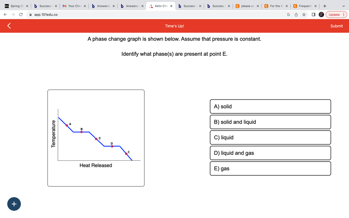 D2L Spring 20 X b Success CX M Your Cher x b Answered × b Answered X
с
<
+
app.101edu.co
Temperature
A
B
C
A phase change graph is shown below. Assume that pressure is constant.
D
Heat Released
Aktiv Che X b Success xb Success xC please ex × C For the th x
Time's Up!
E
Identify what phase(s) are present at point E.
A) solid
B) solid and liquid
C) liquid
D) liquid and gas
E) gas
C Frequent x +
Update:
Submit
