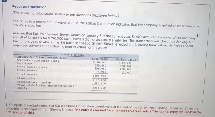 Required information
[The following information applies to the questions displayed below.)
The notes to a recent annual report from Suzie's Shoe Corporation indicated that the company acquired another company.
Steve's Shoes, Inc.
Assume that Suzie's acquired Steve's Shoes on January 5 of the current year. Suzie's acquired the name of the company
and all of its assets for $750,000 cash. Suzie's did not assume the liabilities. The transaction was closed on January 5 of
the current year, at which time the balance sheet of Steve's Shoes reflected the following book values. An independent
appraiser estimated the following market values for the assets.
January 5 of the Current Year
Accounts receivable (net)
Inventory
Fixed assets (net)
Other assets
Total assets
Steve's Shoes, Inc.
Liabilities
Stockholders' equity
Total liabilities and stockholders'
equity
Book Value
$ 50,000
385,000
156,000
4,000
$595,000
$ 75,000
520,000
$595,000
Market Value
$ 50,000
350,000
208,000
10,000
2. Compute the adjustments that Suzie's Shoes Corporation would make at the end of the current year (ending December 31) for the
following items acquired from Steve's Shoes: (If no entry is required for a transaction/event, select "No journal entry required" in the
first account field.)