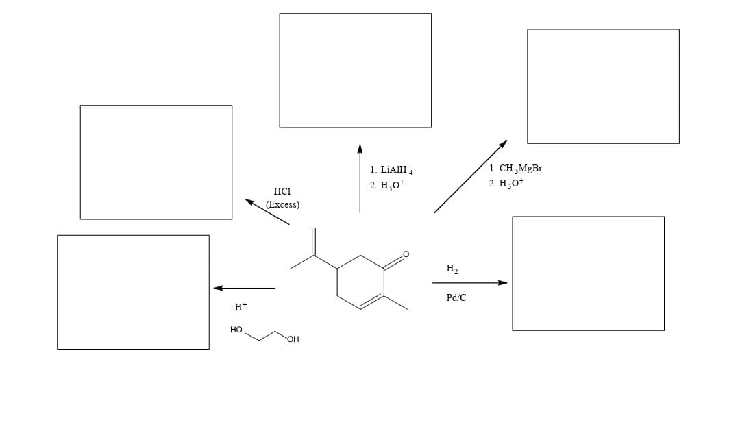 H+
HO
HC1
(Excess)
OH
1. LiAlH 4
2. H₂O*
H₂
Pd/C
1. CH 3MgBr
2. H₂O+