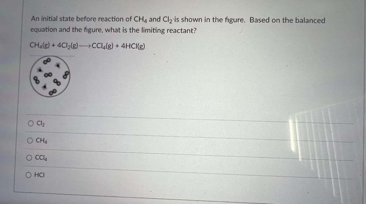 An initial state before reaction of CH4 and Cl₂ is shown in the figure. Based on the balanced
equation and the figure, what is the limiting reactant?
CH4(g) +4Cl₂(g)
CCl4(g) + 4HCI(g)
Cl₂
O CH4
CC14
HCI