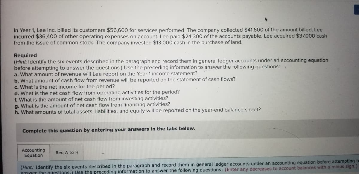 In Year 1, Lee Inc. billed its customers $56,600 for services performed. The company collected $41,600 of the amount billed. Lee
incurred $36,400 of other operating expenses on account. Lee paid $24,300 of the accounts payable. Lee.acquired $37,000 cash
from the issue of common stock. The company invested $13,000 cash in the purchase of land.
Required
(Hint: Identify the six events described in the paragraph and record them in general ledger accounts under an accounting equation
before attempting to answer the questions.) Use the preceding information to answer the following questions:
a. What amount of revenue will Lee report on the Year 1 income statement?
b. What amount of cash flow from revenue will be reported on the statement of cash flows?
c. What is the net income for the period?
d. What is the net cash flow from operating activities for the period?
f. What is the amount of net cash flow from investing activities?
g. What is the amount of net cash flow from financing activities?
h. What amounts of total assets, liabilities, and equity will be reported on the year-end balance sheet?
Complete this question by entering your answers in the tabs below.
Accounting
Equation
Req A to H
(Hint: Identify the six events described in the paragraph and record them in general ledger accounts under an accounting equation before attempting to
answer the questions.) Use the preceding information to answer the following questions: (Enter any decreases to account balances with a minus sign.)
