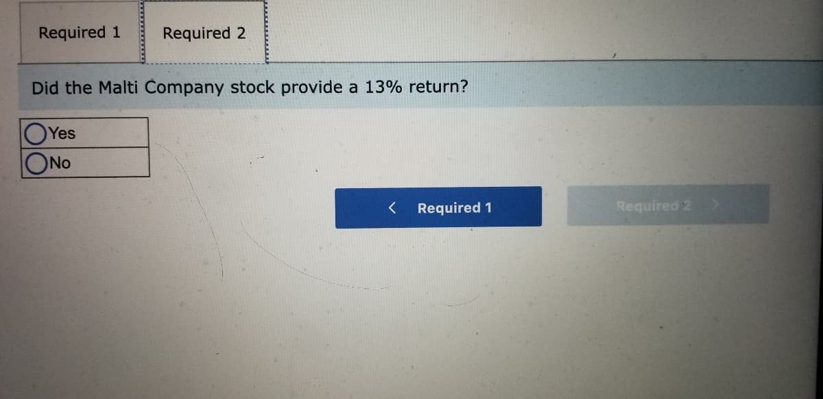 Required 1
Required 2
Did the Malti Company stock provide a 13% return?
OYes
ONo
Required 1
Required 2
