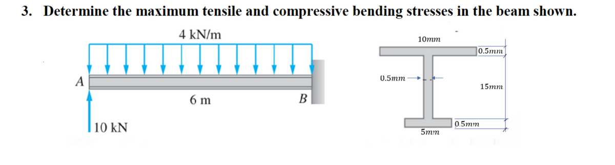 3. Determine the maximum tensile and compressive bending stresses in the beam shown.
4 kN/m
A
10 kN
6 m
B
0.5mm
10mm
5mm
0.5mm
0.5mm
15mm