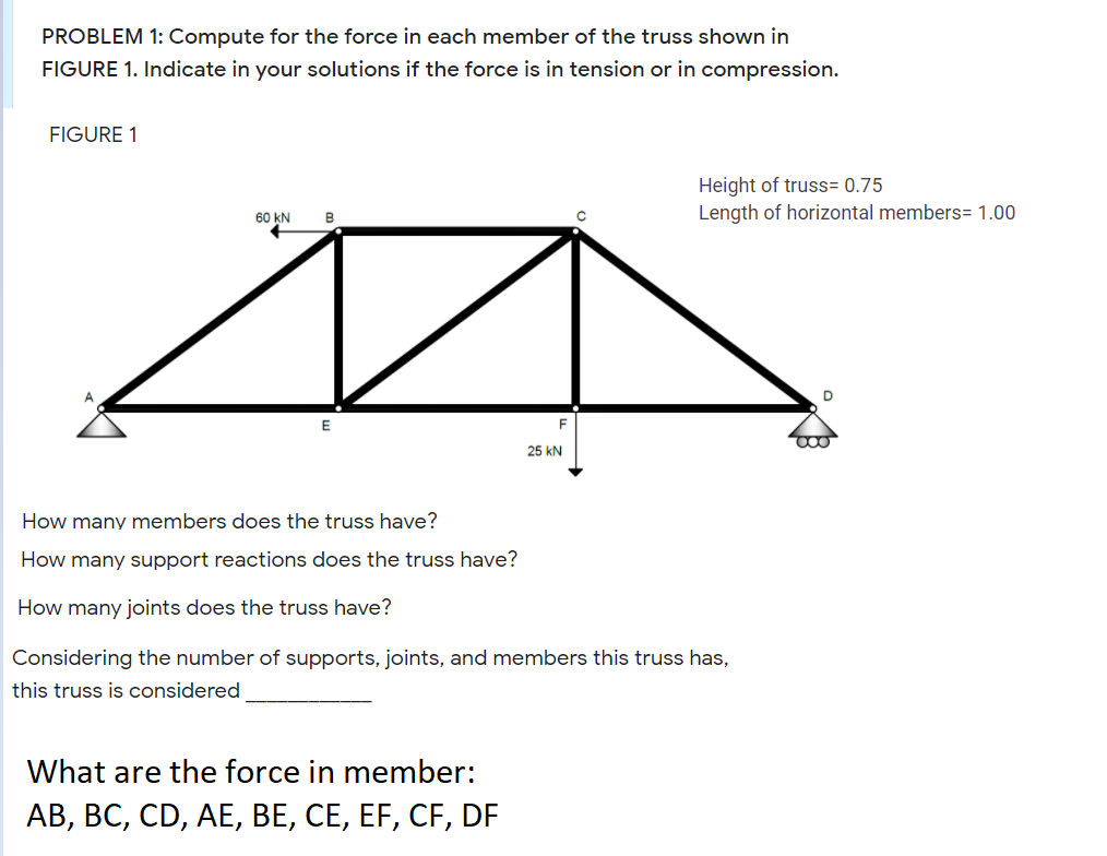 PROBLEM 1: Compute for the force in each member of the truss shown in
FIGURE 1. Indicate in your solutions if the force is in tension or in compression.
FIGURE 1
Height of truss= 0.75
Length of horizontal members= 1.00
60 kN
B
F
25 kN
How many members does the truss have?
How many support reactions does the truss have?
How many joints does the truss have?
Considering the number of supports, joints, and members this truss has,
this truss is considered
What are the force in member:
АВ, ВС, CD, AE, ВЕ, СЕ, ЕF, CF, DF
