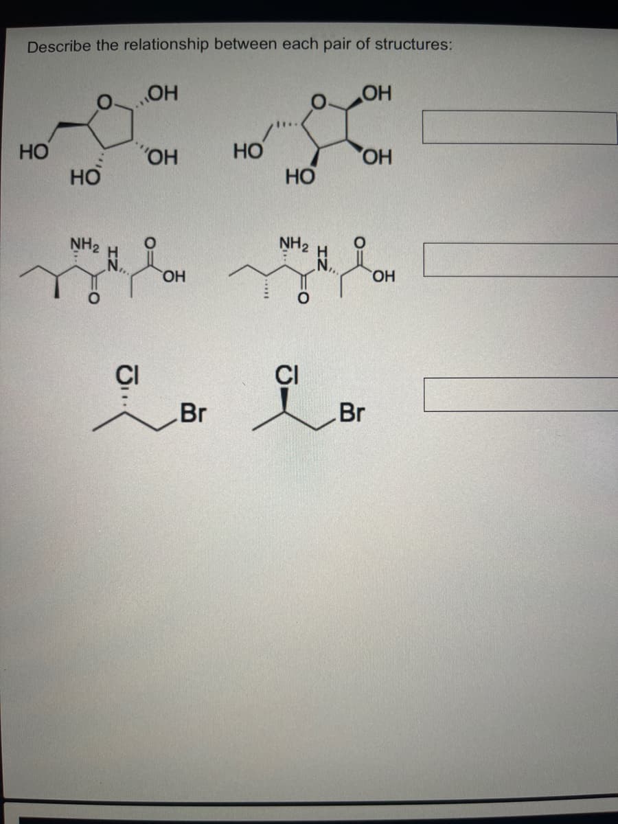 Describe the relationship between each pair of structures:
HO
HO
HO
HO
HO
HO
NH2
NH2
HO,
HO.
CI
CI
Br
Br
