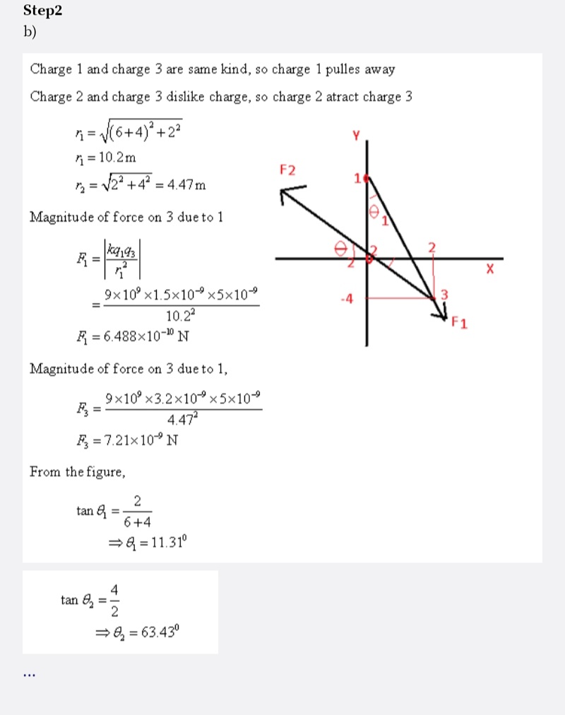 Step2
b)
Charge 1 and charge 3 are same kind, so charge 1 pulles away
Charge 2 and charge 3 dislike charge, so charge 2 atract charge 3
V(6+4)*+2?
Y
n = 10.2m
F2
2 = V2° +4 = 4.47m
Magnitude of force on 3 due to 1
9x10° x1.5x10 x5x10
10.2
-4
R = 6.488x10-10 N
Magnitude of force on 3 due to 1,
9x10° x3.2x10x5x109
4.47
F = 7.21x10° N
From the figure,
2
tan 6
6+4
=& = 11.31°
4
tan 6,
2
=8, = 63.430
